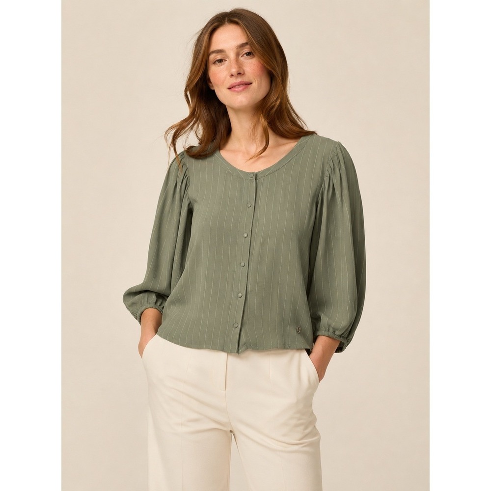 Adrienne Vittadini Womens Pinstripe Balloon Sleeve Blouse XL Boho Sage Green Top